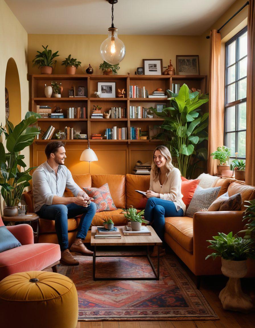 A cozy and inviting living room scene where two couples are engaged in a deep, respectful conversation, surrounded by art pieces symbolizing communication and connection. Soft, warm lighting creates an intimate atmosphere, with plants and books adding to the ambiance. The couples display a variety of expressions that convey trust and openness. Incorporate diverse colors and characters to reflect inclusivity. vibrant colors. cozy interior style.