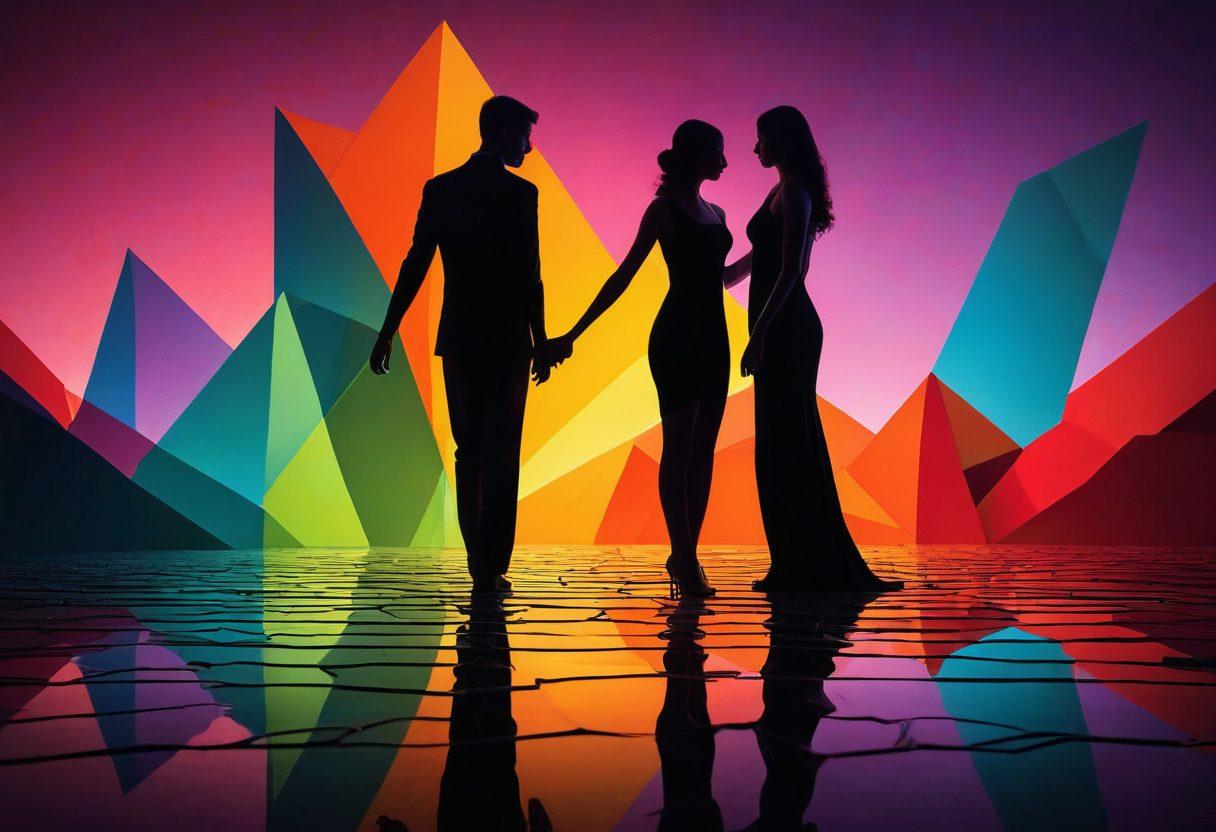 A visually stunning representation of interconnected geometric shapes symbolizing diverse relationships, with vibrant colors reflecting fluid dynamics. Include shadowy figures engaging in a dance, representing the concept of partner exchange in a surreal landscape of shifting dimensions. Integrate elements of light and movement to convey energy and transformation. surrealism. vibrant colors. abstract.